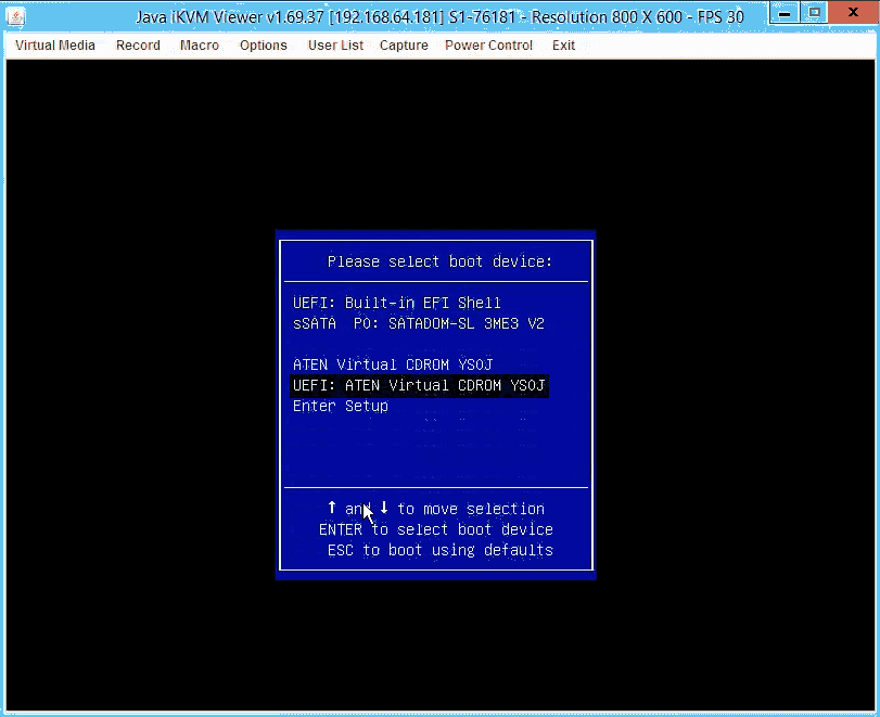 Server boot menu with ISO installation